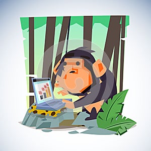 Clever monkey with computer. character design - vector