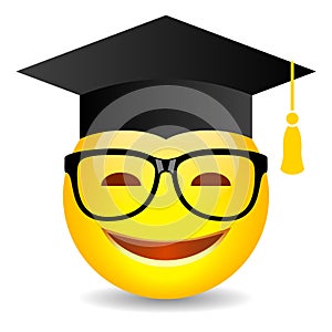 Clever nerd emoji with glasses and academic hat, vector cartoon