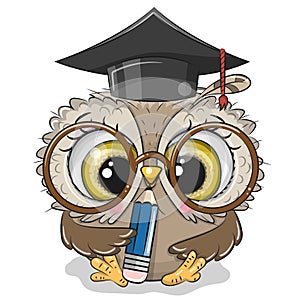 Clever owl with pencil and in graduation cap