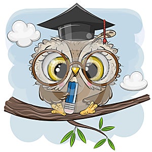 Clever owl with pencil and in graduation cap