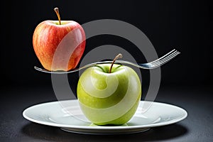 A red apple balanced on a fork above a green apple.