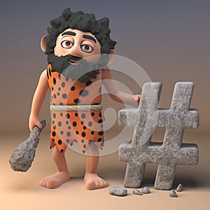 Clever stoneage 3d caveman character posts something with a stone hashtag hash tag, 3d illustration
