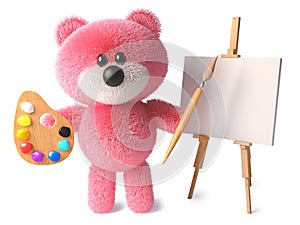 Clever teddy bear with cuddly pink fur is an artist with paintbrush palette and easel, 3d illustration