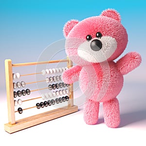 Clever teddy bear with pink fur standing by an abacus ready to learn maths, 3d illustration