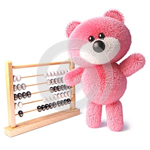 Clever teddy bear with pink fur waving while learning to count using an abacus, 3d illustration