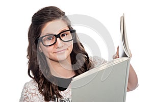 Clever Teenage Girl Reading a Big Book