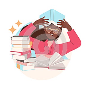 Clever Woman Character in Glasses Learning Sitting at Desk with Pile of Books and Studying Vector Illustration