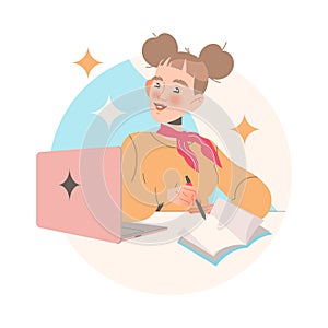 Clever Woman Character Learning Sitting at Desk with Laptop and Copybook Studying Vector Illustration