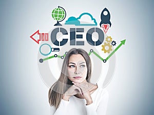 Clever young businesswoman thinking, CEO project