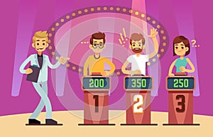 Clever young people playing quiz game show. Cartoon vector illustration