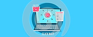 Click bait concept, driving website traffic with the help of fake news and videos. Flat design vector banner.