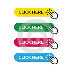 Click here button with arrow pointer clicking icon. Click here vector web button. Web button with action of arrow pointer