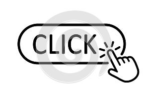 Click button with hand pointer clicking. Click here web button. Isolated website hand finger clicking cursor â€“ vector