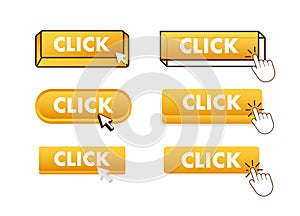 Click Button with pointer clicking. Click web buttons set. User interface element in flat style. Vector stock