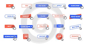 Click button. Web pointer clicking buttons, computer app interface mouse cursor tools. Arrow click ui elements vector