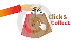 Click and collect banner with a hand holding shopping bags on a white background