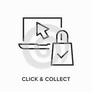 Click and collect flat line icon. Vector outline illustration of laptop, cursor and bag. Black thin linear pictogram for