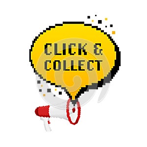 Click and collect megaphone in pixel style. Web banner. Vector illustration
