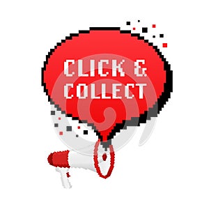 Click and collect megaphone in pixel style. Web banner. Vector illustration