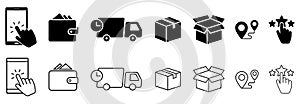 Click and collect order, vector icons set, online order, delivery truck, delivery service steps, pick up order at pickup point,