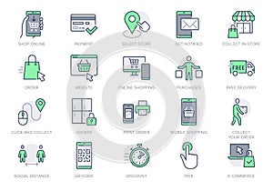 Click and collect service line icons. Vector illustration with icon - online shopping, qr code, basket, delivery