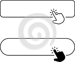 Click cursor button with hand pointer clicking. Click here web button sign. Isolated website buy or register bar icon with arrow