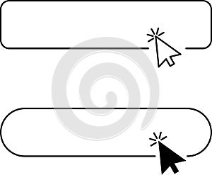 Click cursor button with hand pointer clicking. Click here web button sign. Isolated website buy or register bar icon with arrow