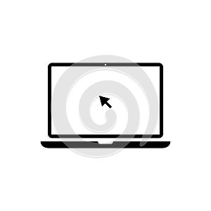 Click cursor on laptop computer screen icon. Arrow pointer on notebook display concept