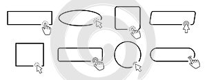 With hand or mouse cursor. Computer mouse cursor or hand pointer symbol. Click here web button sign isolated. Outline vector icon