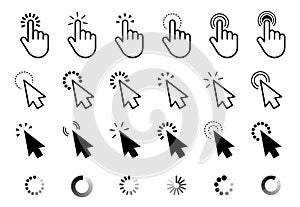 Click cursor set. Computer pointer hand and arrow icon. Press pick action element. Vector web interface elements. photo