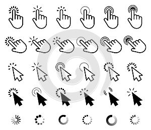 Click cursor set. Computer pointer hand and arrow icon. Press pick action element. Vector web interface elements.