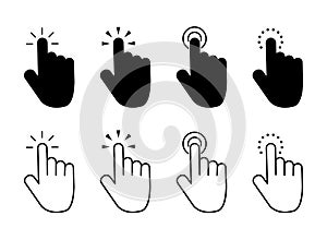 Click finger icon set. Hand touching of cursor. Choose pointer symbol for website, app. Black mouse pointer for technology photo