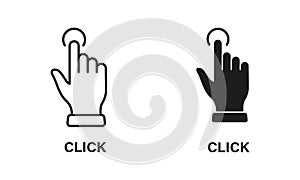 Click Gesture, Hand Cursor of Computer Mouse Line and Silhouette Icon Set. Pointer Finger Press or Point Pictogram