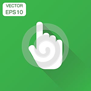 Click hand icon. Business concept cursor finger pictogram. Vector illustration on green background with long shadow.