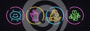 Click hand, Smile chat and Wash hands minimal line icons. For web application, printing. Neon laser 3d lights. Vector
