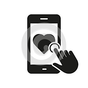 Click On Heart Shape Button In Smartphone Silhouette Icon. Like Button Glyph Pictogram. Social Media Push Notification