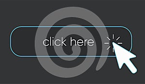 Click here banner. Web button with action of hand pointer. Click here, UI button concept. Vector