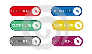 Click here button with arrow pointer clicking icon. Click here vector web button