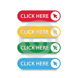 Click here button with arrow pointer clicking icon. Click here vector web button. Web button with action of arrow pointer