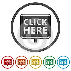 `Click Here` button, Click here icon, Click here sign, 6 Colors Included