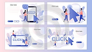 Click here button. Cursor pointer sign. Tiny people with huge mouse arrow click. Internet concept. Screen template for