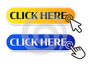 Click Here Button with Click cursor. Set for button website design. Click button. Modern action button with mouse click
