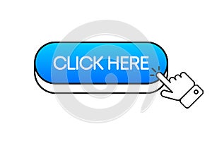 Click Here button. 3d style. Button with hand pointer clicking. Vector illustration.