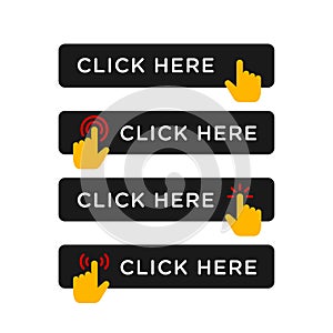 Click here button in flat style design with various hand finger cursor