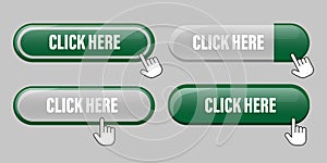 Click here button. Green web element. Interactive UI icon. Hand cursor symbol.