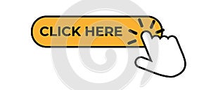Click here button with hand clicking icon. Click here vector web button. Web button with action of hand.