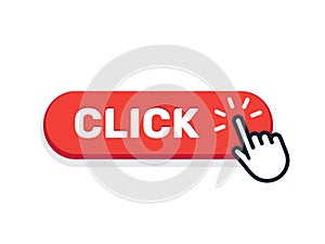 Click here button with hand icon. Vector click web sign cursor symbol. Button isolated