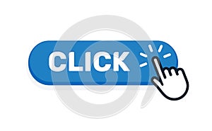 Click here button with hand icon. Vector click web sign cursor symbol. Button isolated