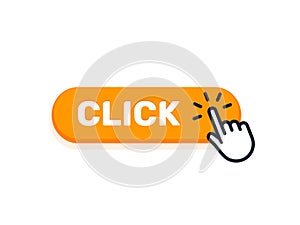 Click here button with hand icon. Vector click web sign cursor symbol. Button isolated