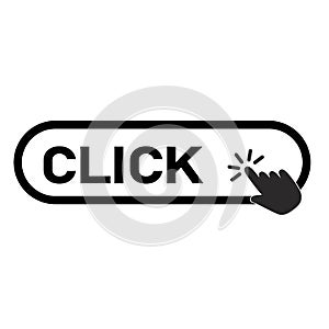 Click here button with hand icon on white background. flat style. click button with hand clicking sign. click here symbol